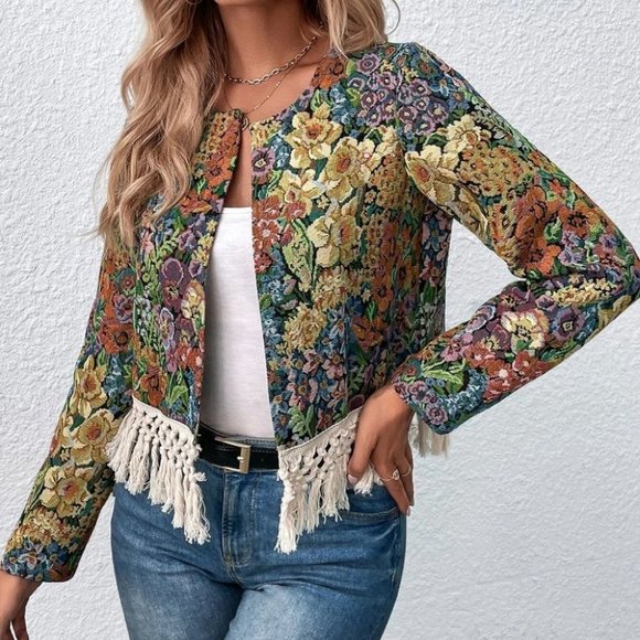 Green Preppy Womens Floral Print Open Front Fringe Hem Jacket - Picture 5 of 5